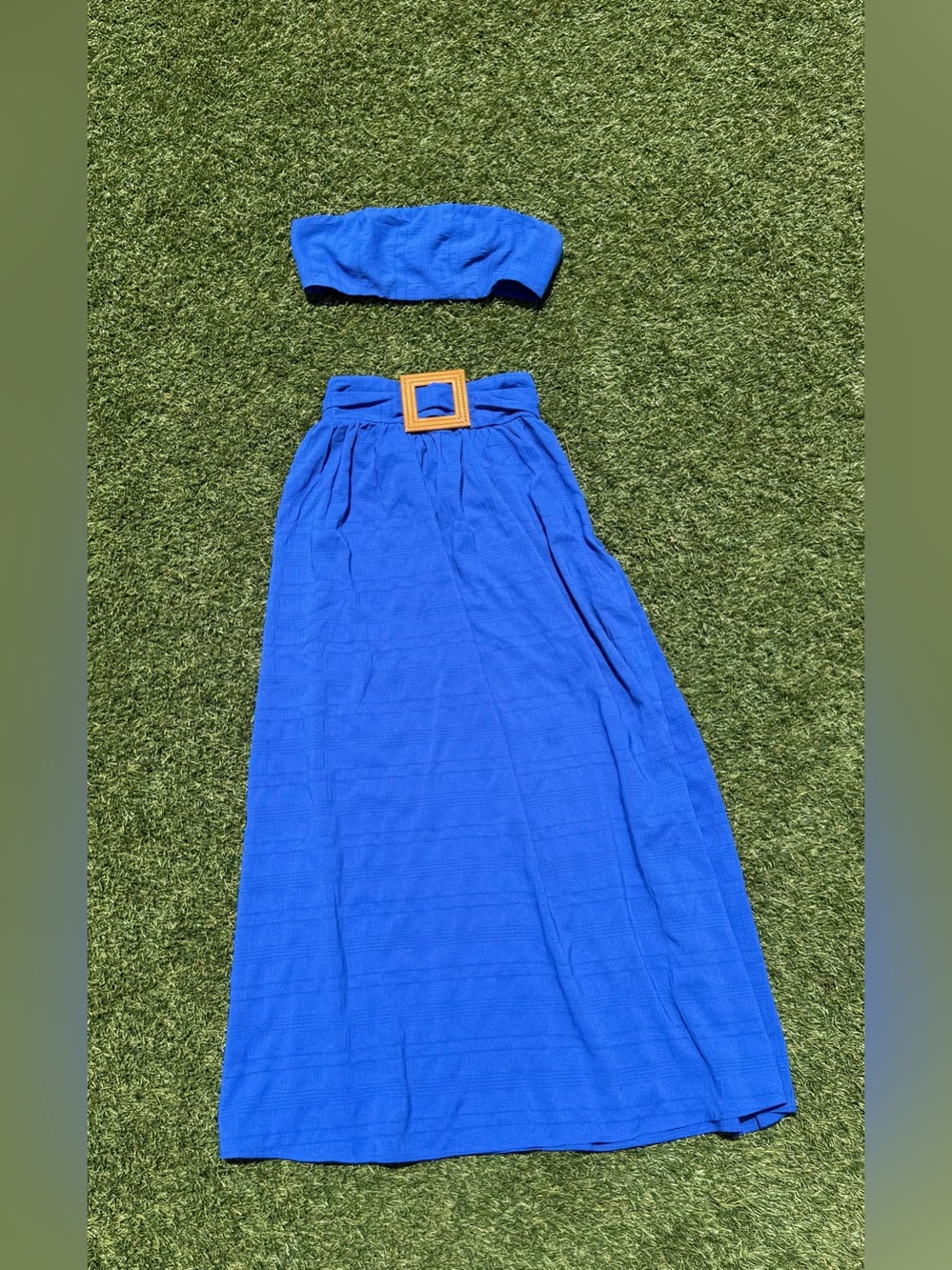 Hello Molly Cobalt Blue High-Waist Buckle Maxi Skirt with Matching Bandeau Top